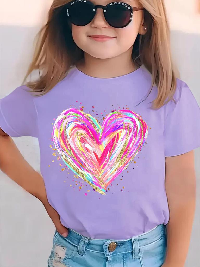 Childrens Pure Cotton Tshirt with Colorful Heart Pattern Fashion Round Neck Short Sleeves Casual and Breathable Top Girls