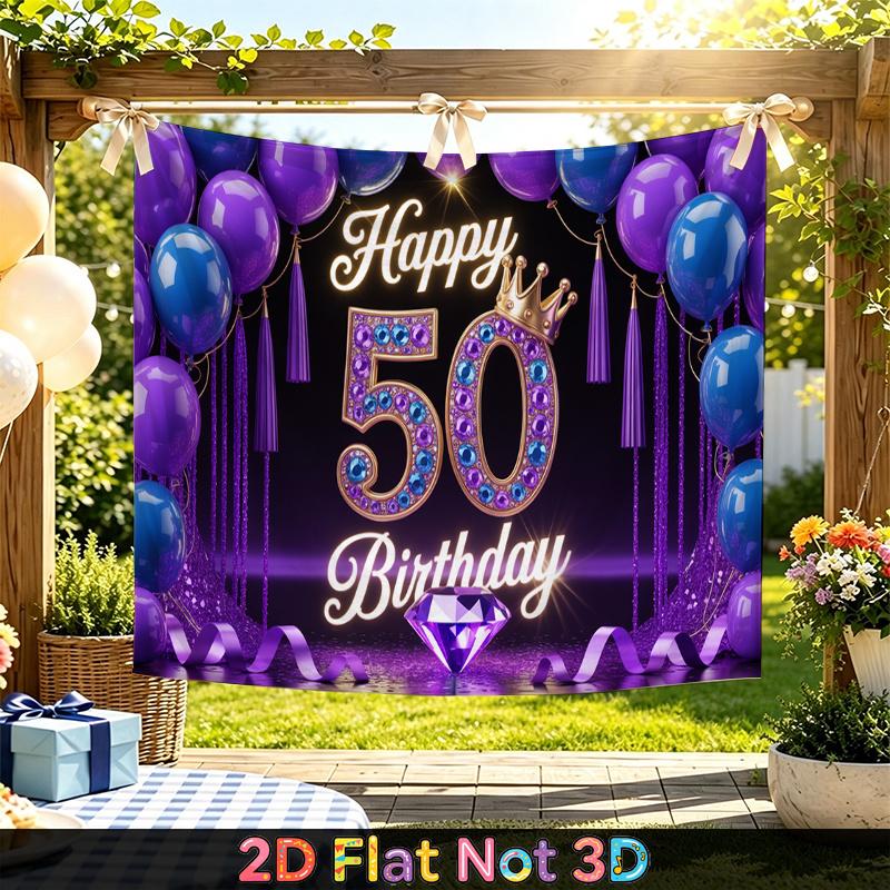 Party Backdrop Happy 50Th Birthday Birthday Blue Purple 50Th Photo Booth Background Front Door Decor
