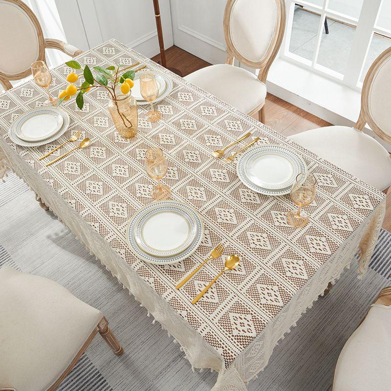 Retro Crochet Desktop Set, Countryside Style Hollow Tassel Tablecloth, Beige Fresh Square Tablecloth, Desktop, Wedding, Long Table, Dressing Table