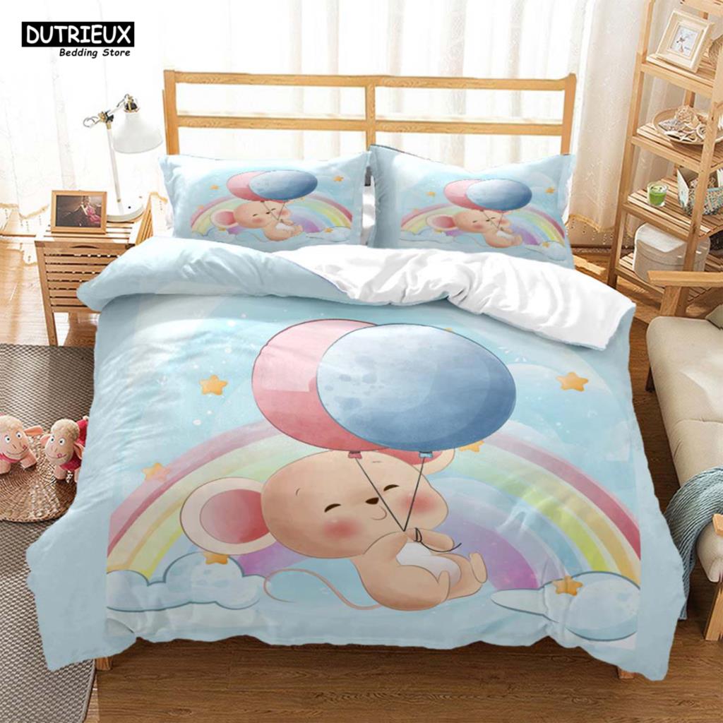 Lindo Juego de Cama de Tres Piezas con Estampado de Ratón de Dibujos Animados Suave y Cómodo Juego de Cama King Size Edredón Juegos de Cama