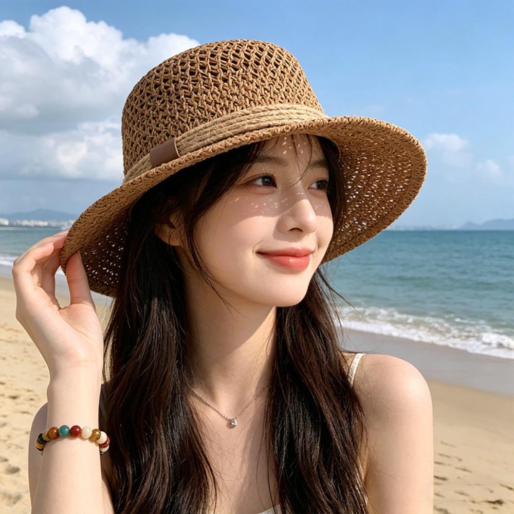 Casual Flat Top Hollow Out Hat Wide Brim Breathable Sun Hat Straw Woven Panama Cap Beach Outings