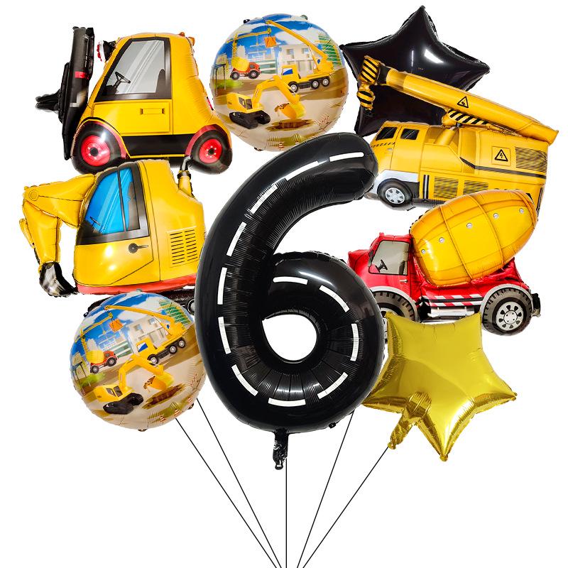 40" Black Number Construction Vehicle Theme Aluminum Foil Balloon Set for Birthday Party Decorations