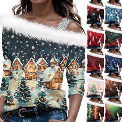 Women's Autumn And Winter Long Sleeved Single Shoulder Strap Christmas Print Pullover Top