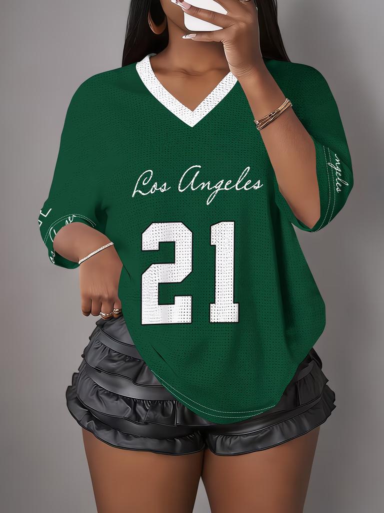 Women's Los Angeles NO.21 Print V-Neck Short Sleeve T-Shirt Summer Graphic Tee Hole Mesh Jerseys Plus Size Sport T-Shirt