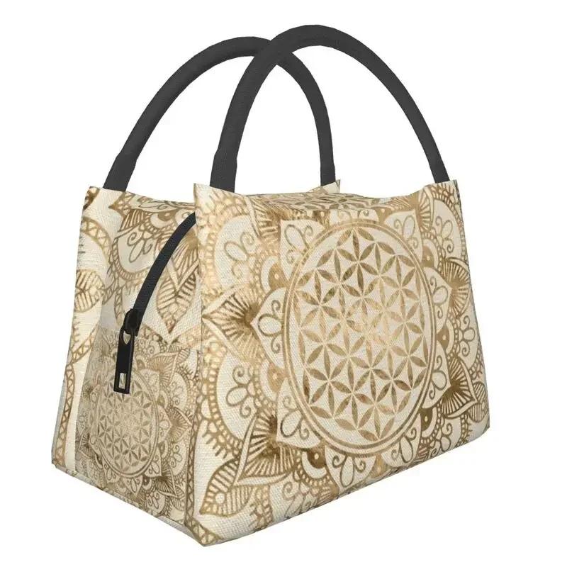 Flower Of Life Abalone Shell On Pearl Insulated Lunch Tote Bag for Women Geometric Mandala Portable Cooler Thermal Bento Box