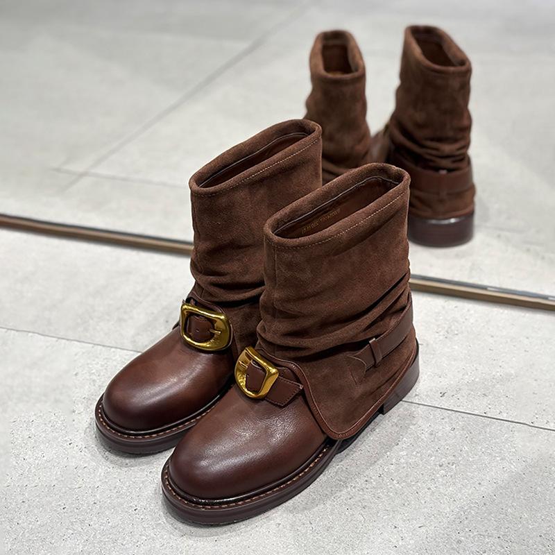 Sheepskin version~ Zhao Ruth has the same handmade round head belt buckle Martin boots for women's retro comfortable thick heel trousers and short