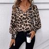 Women's Leopard V Neck Loose Long Sleeve Casual Chiffon Blouse Shirt Top