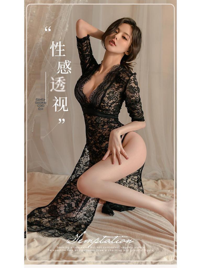 Elegant Lace Temptation Long Dress with Side Slit - Women's Sexy Nightgown Sleepwear
