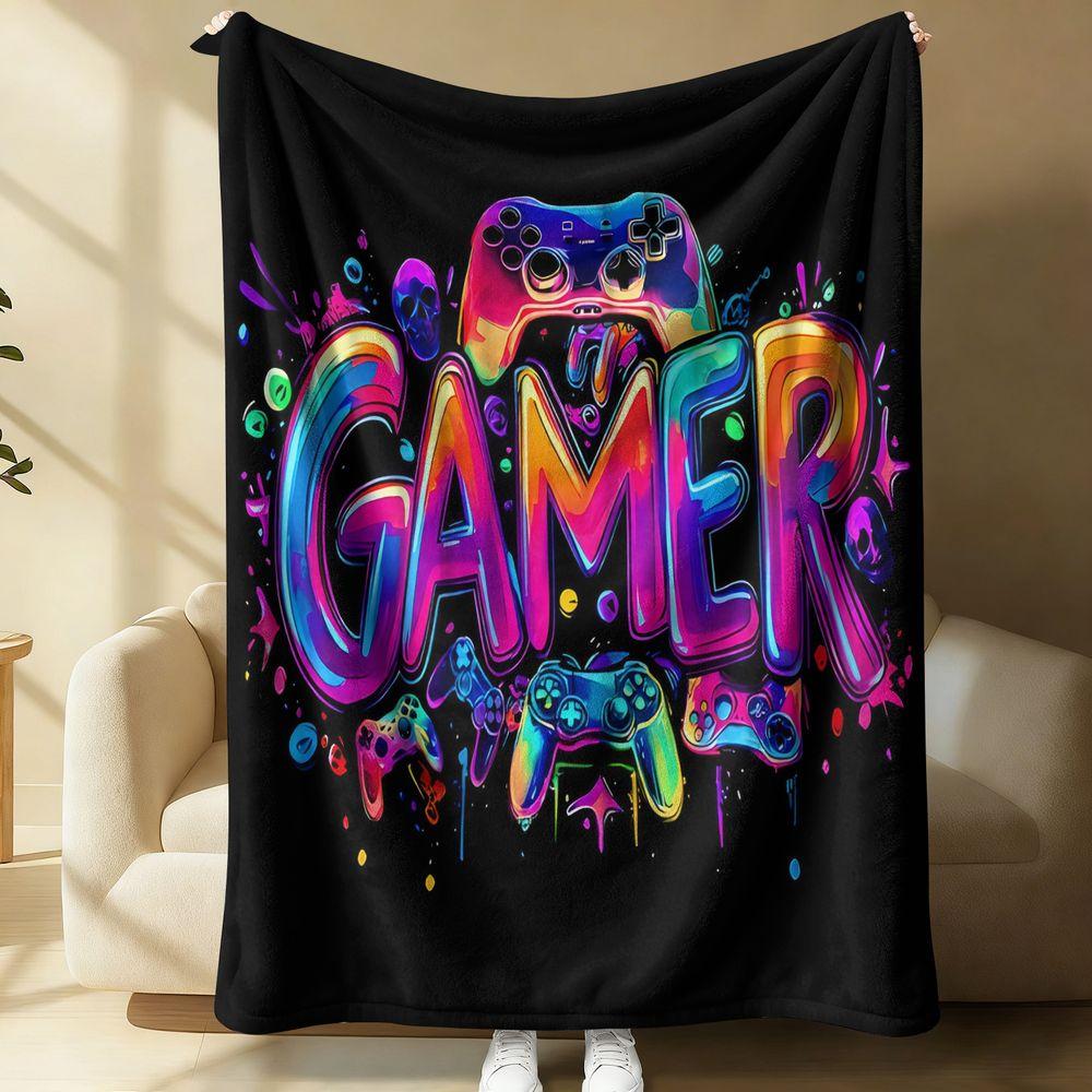 Gamer Neon Gaming Flannel Blanket Soft Throw Rug Bedding Decor Dripping Art Print Gift Blanket for Kids Teens Adults 75X95CM