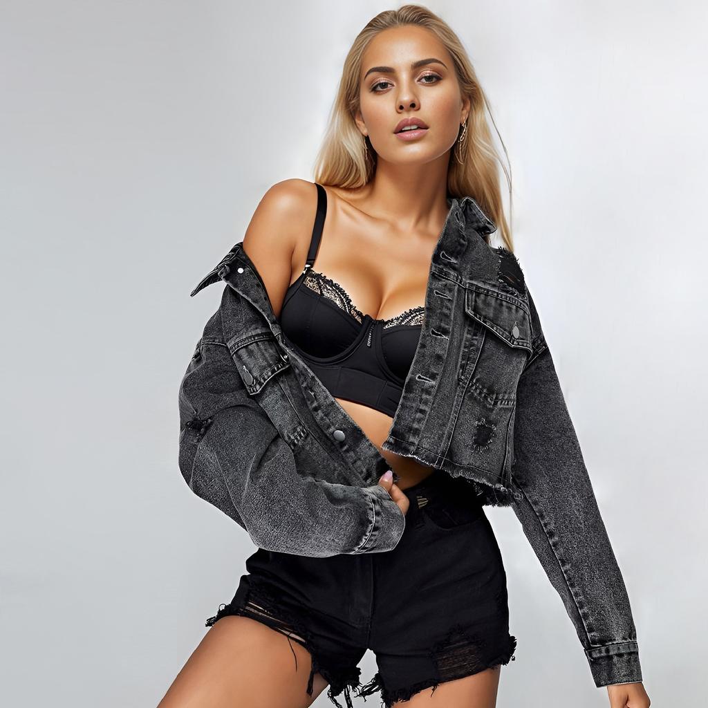 Women's Denim Jacket Autumn Fashion Raw Edge Ripped Denim Short Jacket