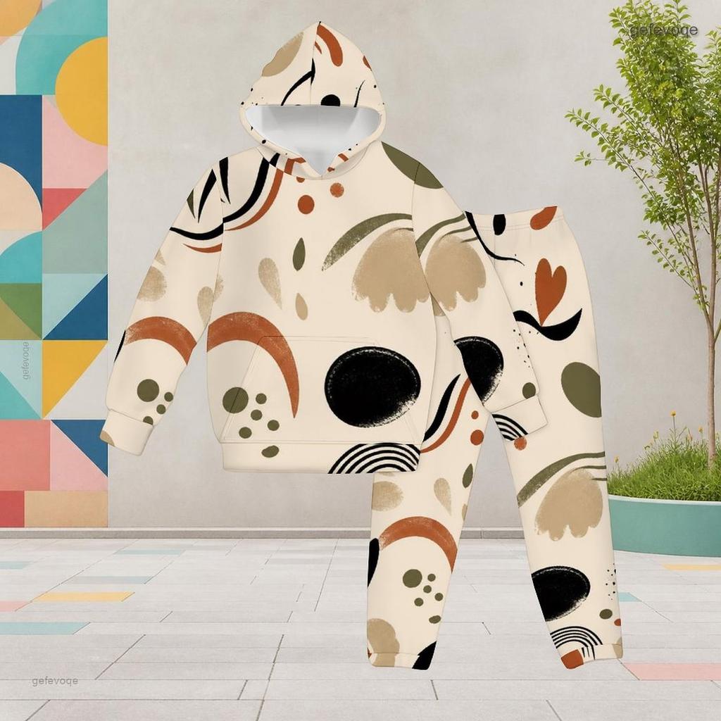 Girls Abstract Printed Hooded Long Sleeve Kangaroo Pocket Top Cuffed Pants Two Piece Set