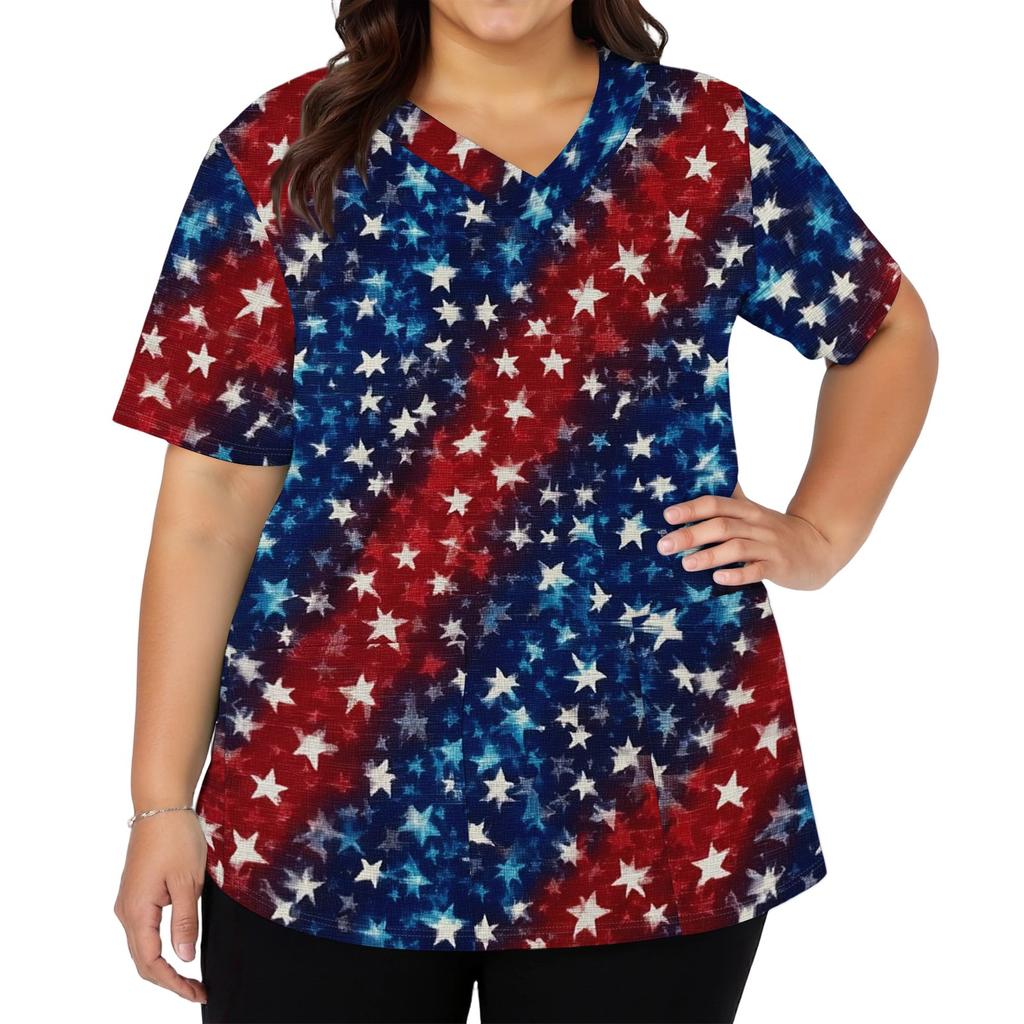 Women's Fashionable Casual Independence Day American Flag And Stars Print V-neck Short-Sleeved Work Shirt With Double Side Slits And Pockets