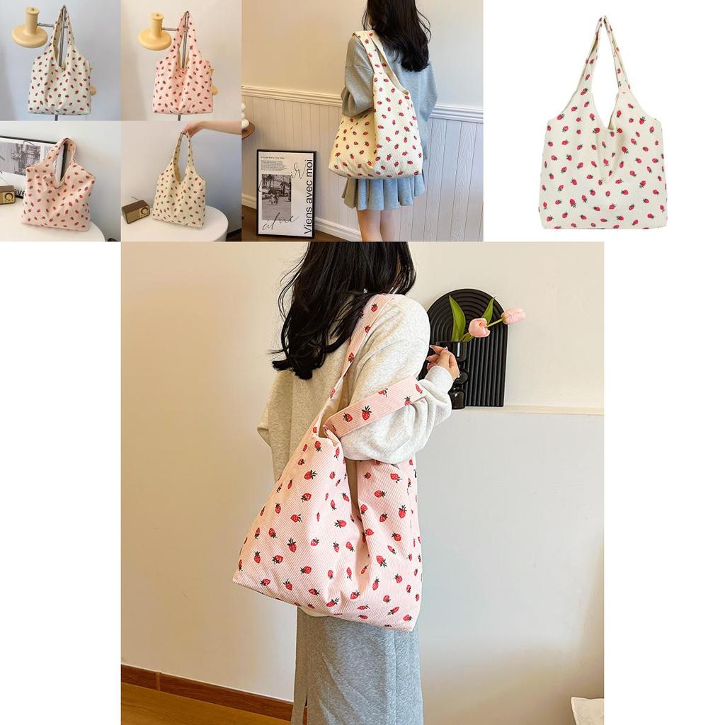 Trendy 2024 Canvas Strawberry Tote Bag Fashionable Soft Shoulder Bag For Women