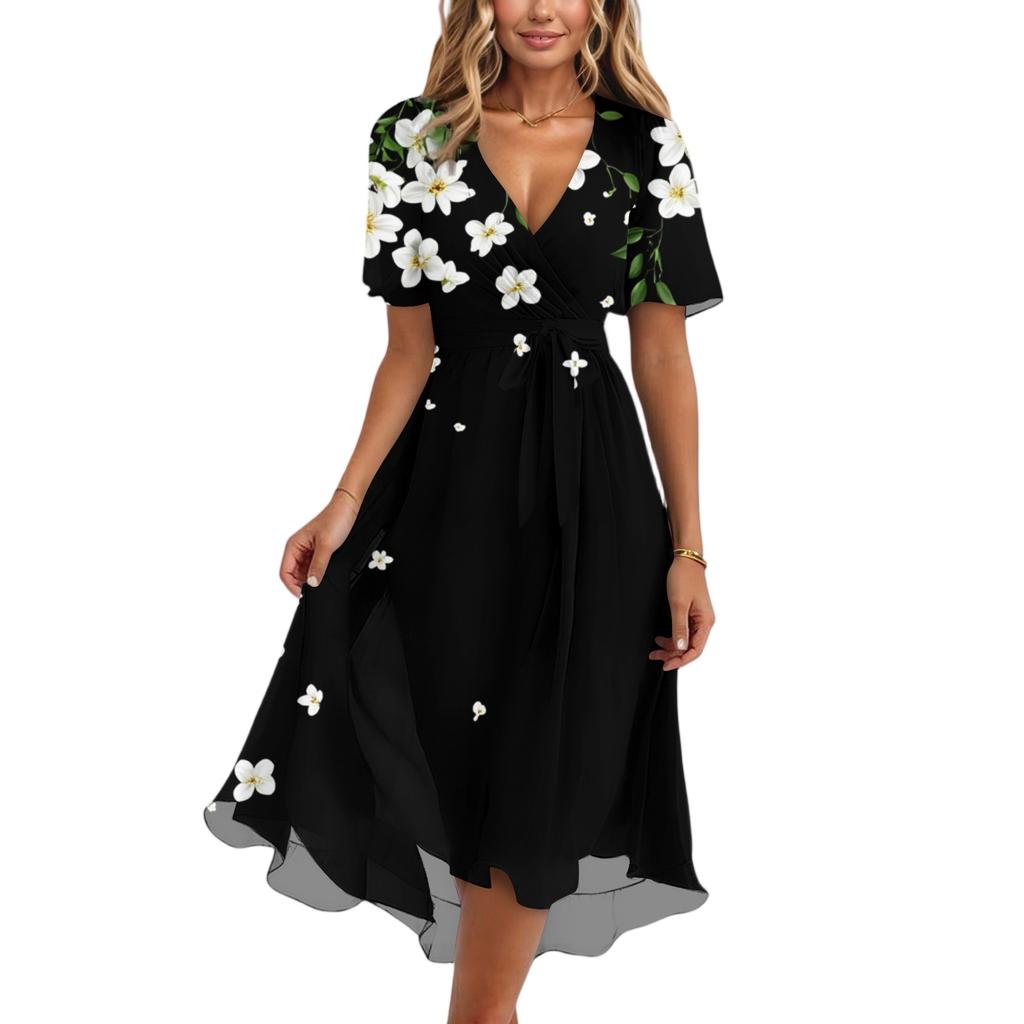 Damenmode Lässig V-Ausschnitt Kurzarm Rüschen Vintage Bedruckte Kleider