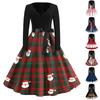 Women's Retro V-Neck Christmas Print Dress with Snowflake and Christmas Tree Pattern