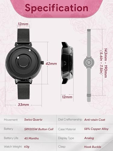 EUTOUR Women's Magnetic Quartz Watch, Minimalist Casual Analogue Watch, Stylish, Waterproof, 36mm, Black Dial, Black Stainless Steel Band, Mesh Strap