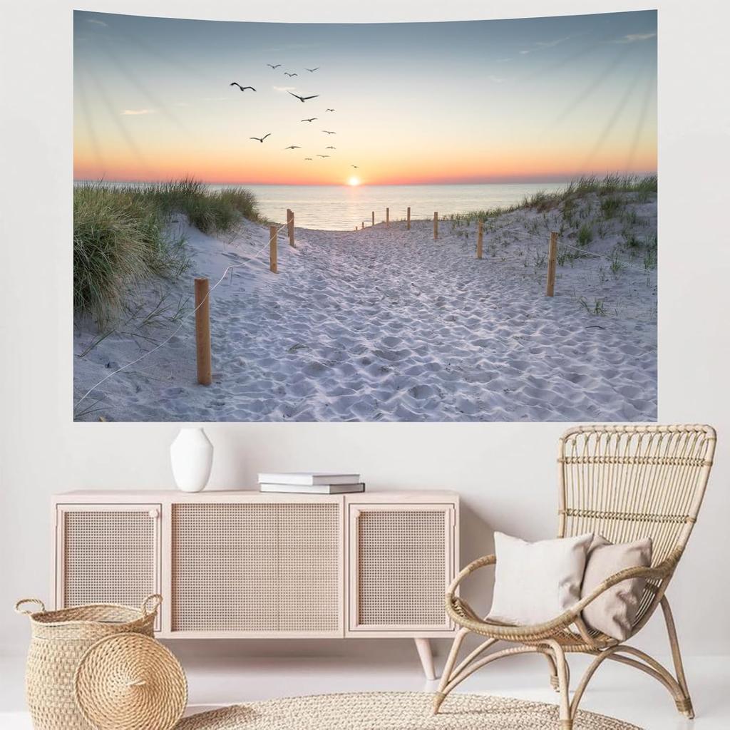 TUGCAY Ocean Beach Tapestry Sunset Seabird Seaside with Grass Wall Hanging Tapestries Nature Landscape Tapestry for Bedroom Living Room Dorm Decor,