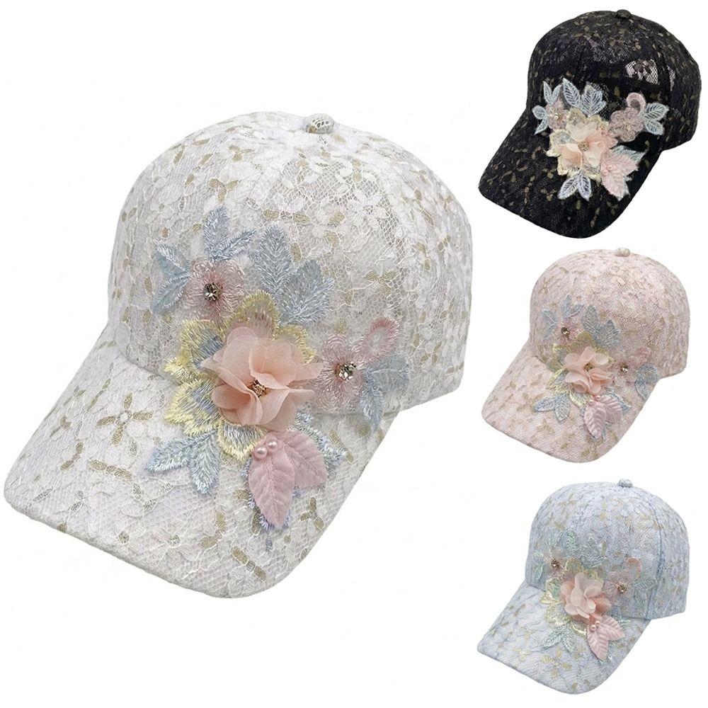 Embroidered Flowers Baseball Cap Lace Design Mesh Breathable Duck Tongue Hat Sun Protection Rebound Cap For Women Girls