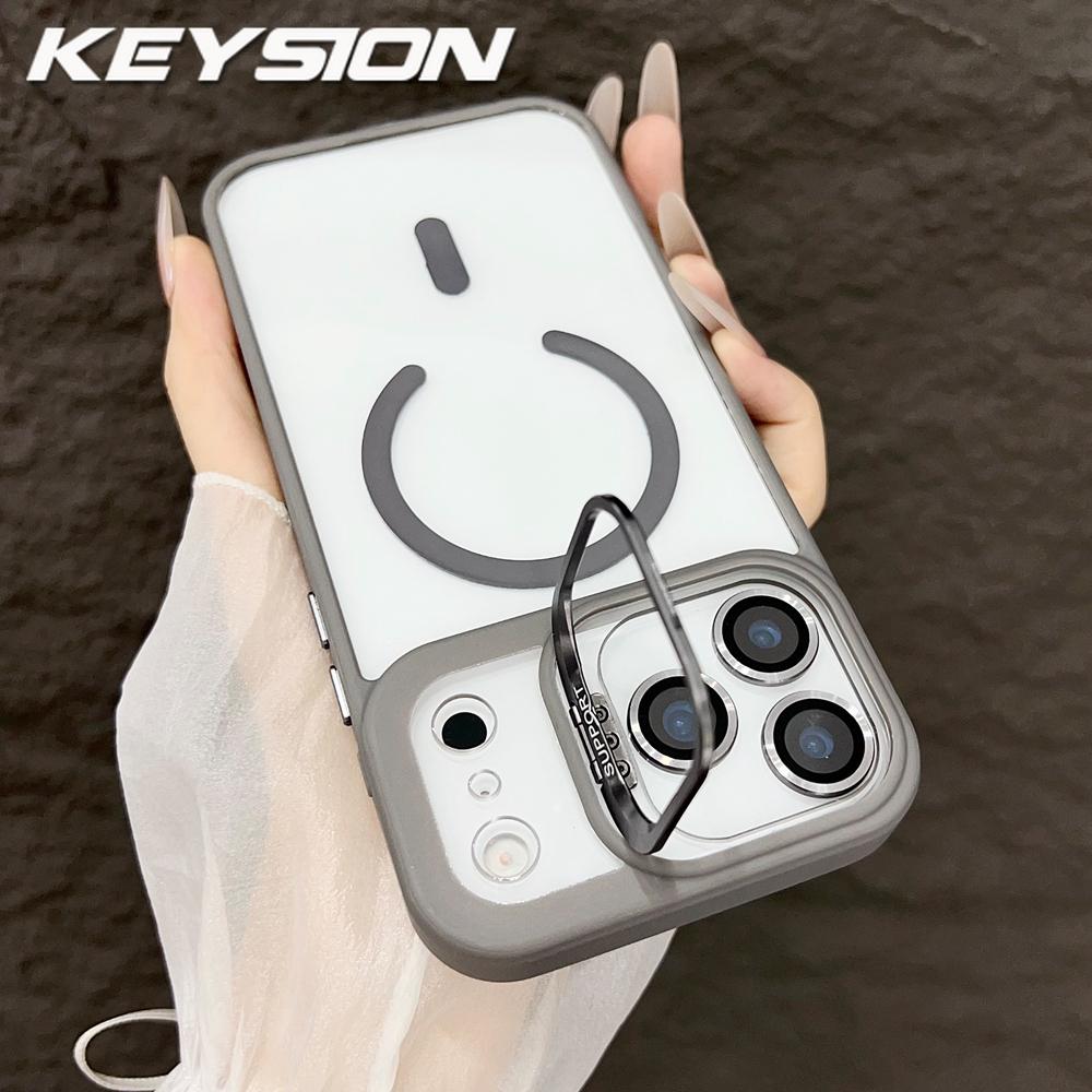 KEYSION Magnetic Transparent Phone Case for MagSafe for iPhone 17 Pro Max 17Air Metal Lens Stand Shockproof Lens Protector Cover