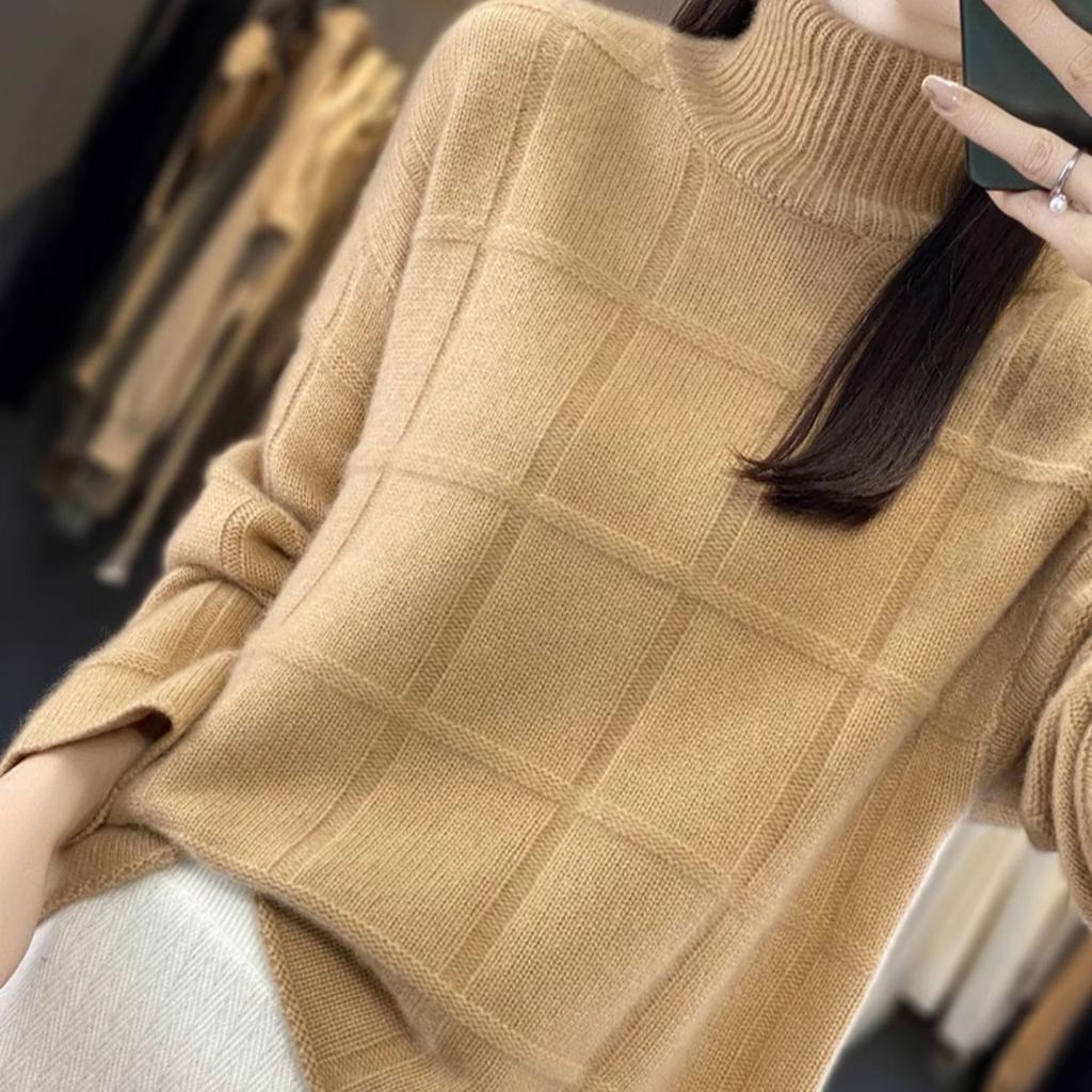 Autumn and Winter Short Sweater Women's Half High Neck Loose Solid Color Knitted Sweater Lazy Style Casual Pullover