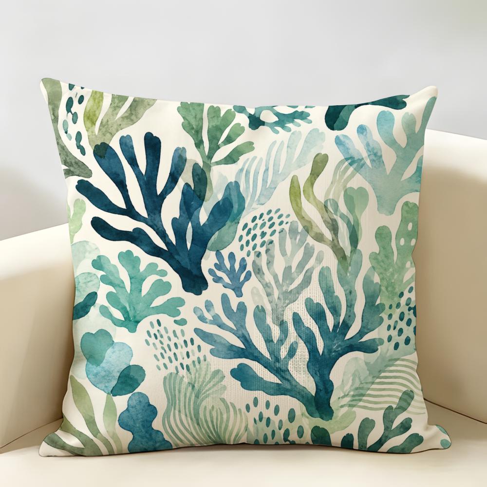 Green And Blue Coral Leaves Cushion Cover Natural Linen Organic Fabric Double-Sided Printing Breathable Perfect For Home Decor