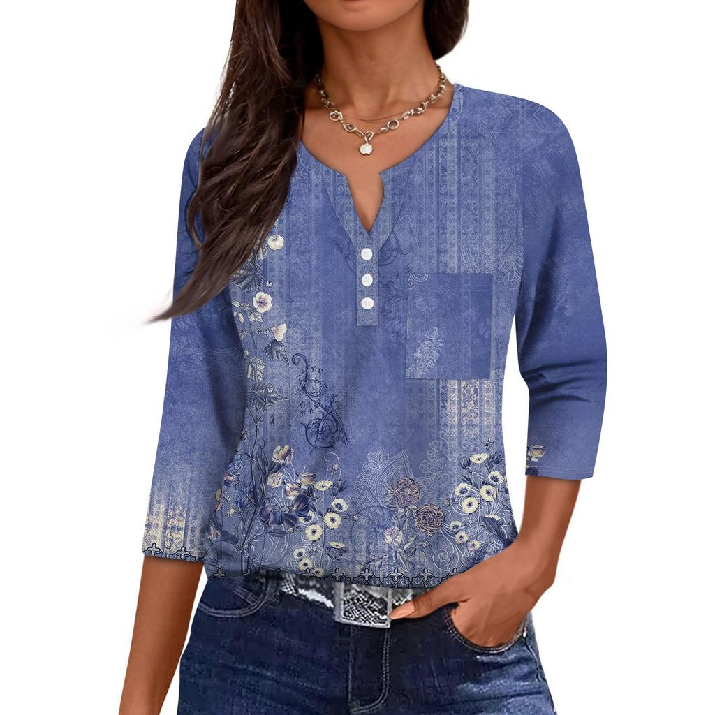 Women's Casual Fashion V-neck Loose Versatile Floral Print Three-quarter Sleeves