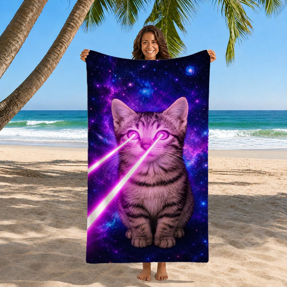 Art Laser Eyes Funny Cat Towel Polyester Beach Towel Quick Dry Sand Free Bath Towel for Summer Pool Travel Vacation