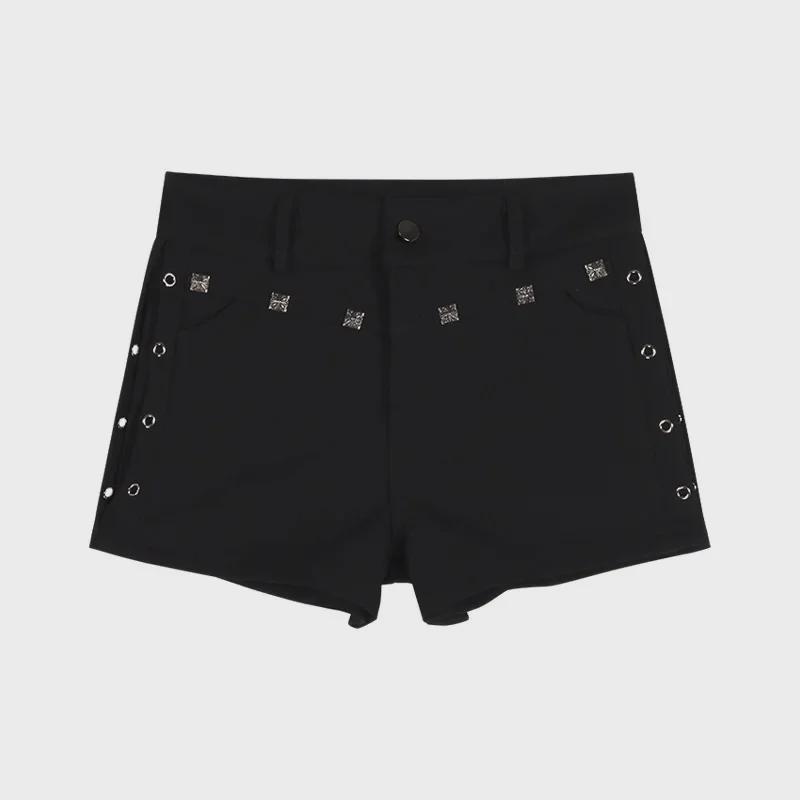 High Waist Slim Straight Black Rivet Casual Shorts for Women - Summer American Style Skinny Jeans