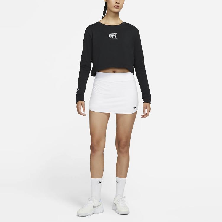 Nike Glückskatzen-Muster bedrucktes Rundhals Langarm T-Shirt Damen Tops Schwarz DJ7942-010