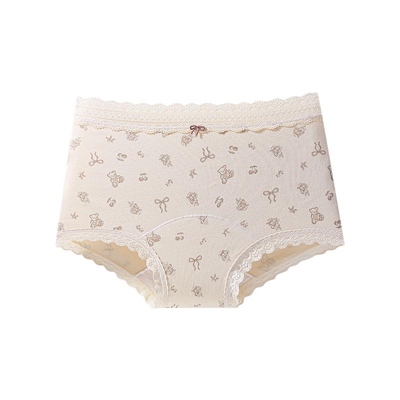 Female Spring and Autumn Vintage Floral Pure Cotton 10A Antibacterial Crotch Skin Friendly Breathable Stretch Mid Waist Flat Angle Panties