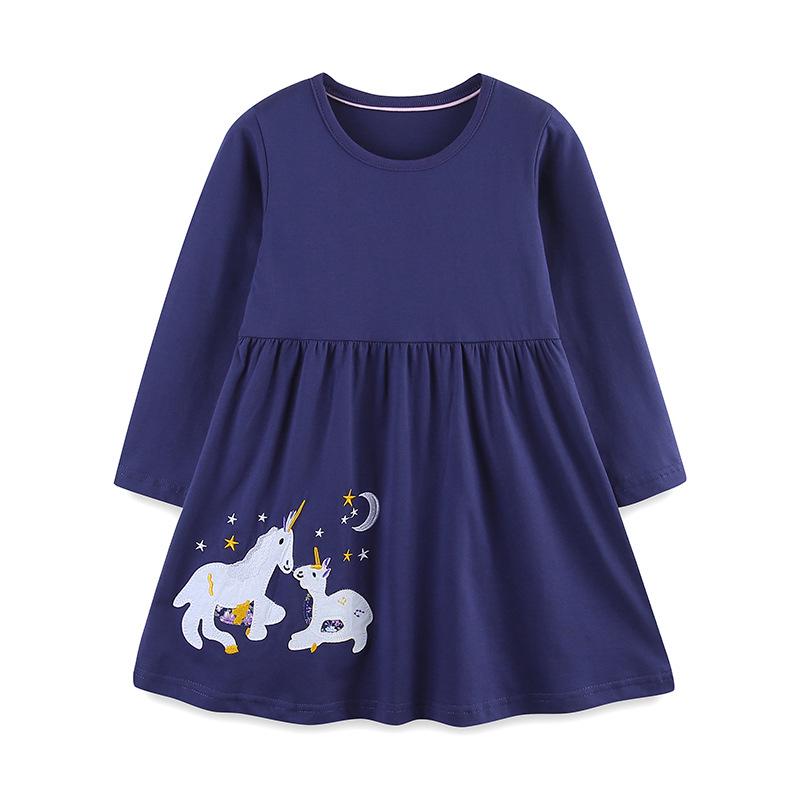 Autumn Unicorn Embroidery Princess Dress - European & American Style, Knitted Cotton for Girls