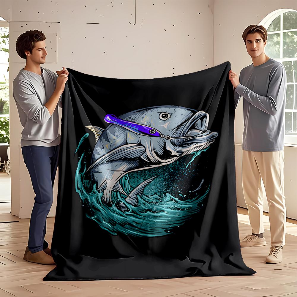 Jumping Fish with Lure in Splashing Waves Flannel blanket for bedroom, living room, sofa, and nap sofas.