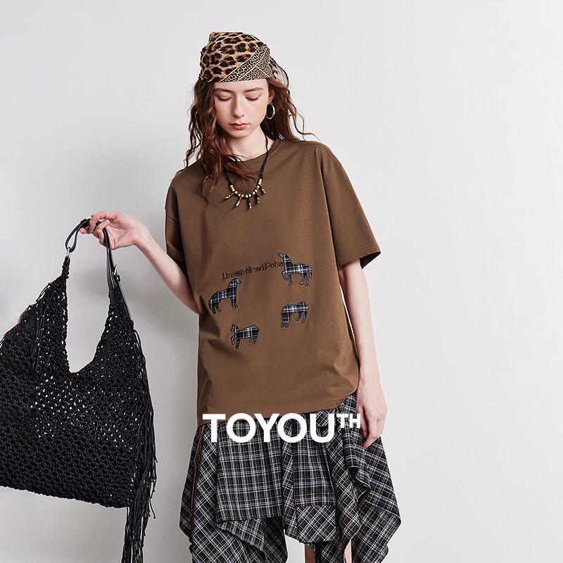 

Women s Loose Fit Cotton Plaid Embroidered T-shirt M