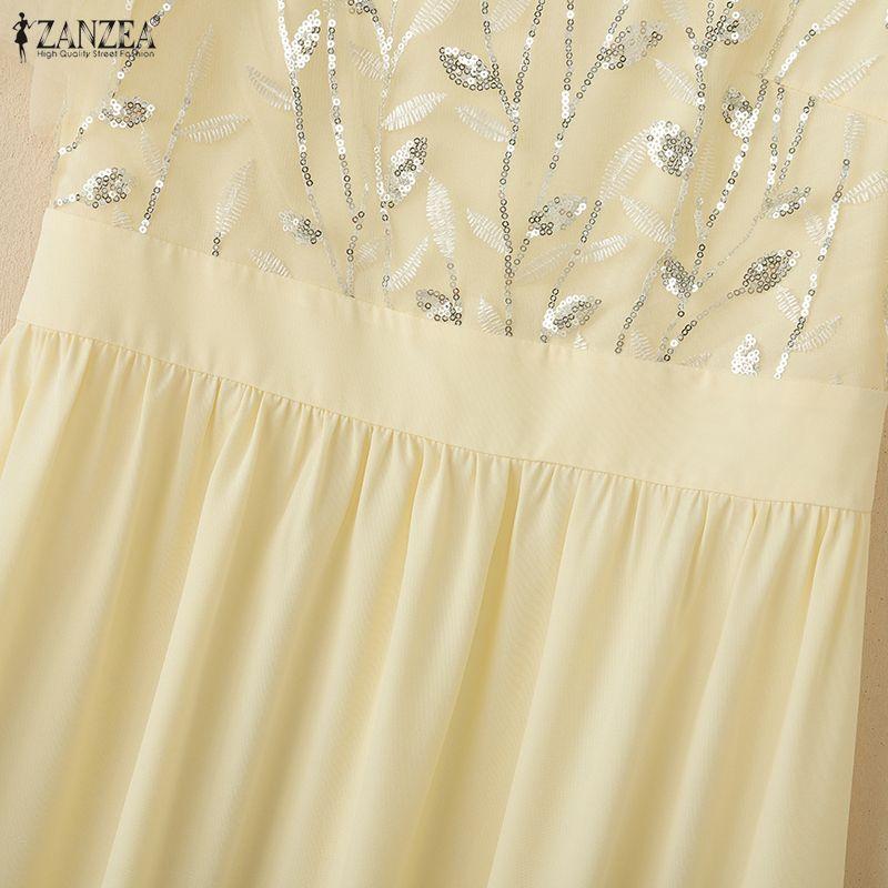 ZANZEA Women Casual Round Neck Mesh Splice Short Sleeve Loose Dress