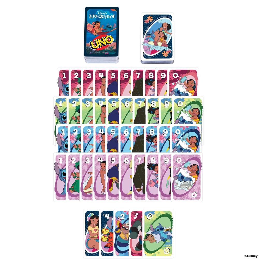 Mattel Games UNO Lilo & Stitch Party Supplies Card Game, 112 Cards, for 2-10 Players, Ages 7 and Up, Blue, JCC10