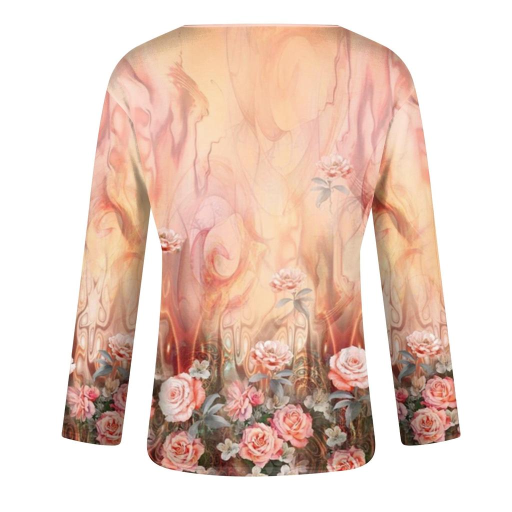 Women's Fashion Casual Round Neck Long Sleeve Floral Print Button Decorated T-Shirt Top