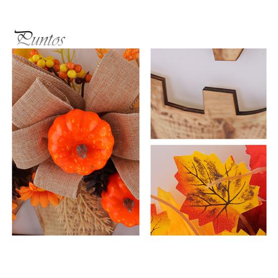 Illuminated Pumpkin Garland with Lights Wooden Halloween Door Sign LED Lights, Artificial Floral Hanging Burlap Wreath Berries Ornament for
