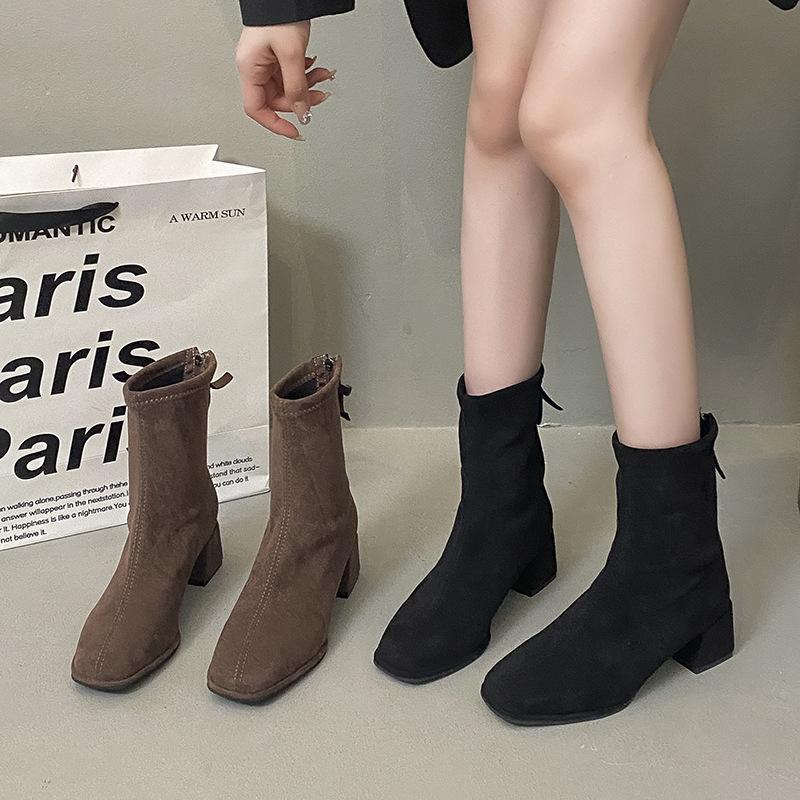 Brown thick heel short boots women's thin boots 2025 new autumn and winter square head high heel socks boots women's suede elastic boots