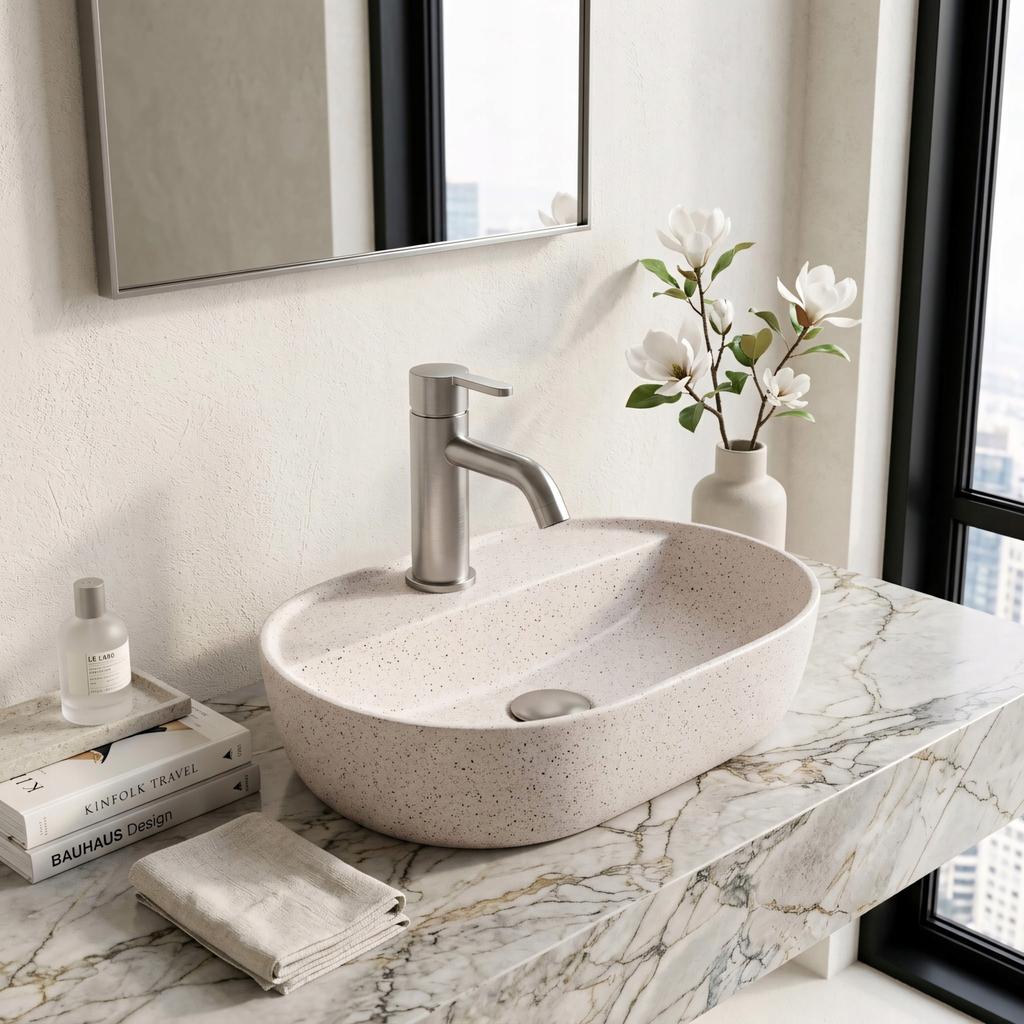 Beige Oval Countertop Washbasin with Tap Hole Ceramic Aura 42 Sandy