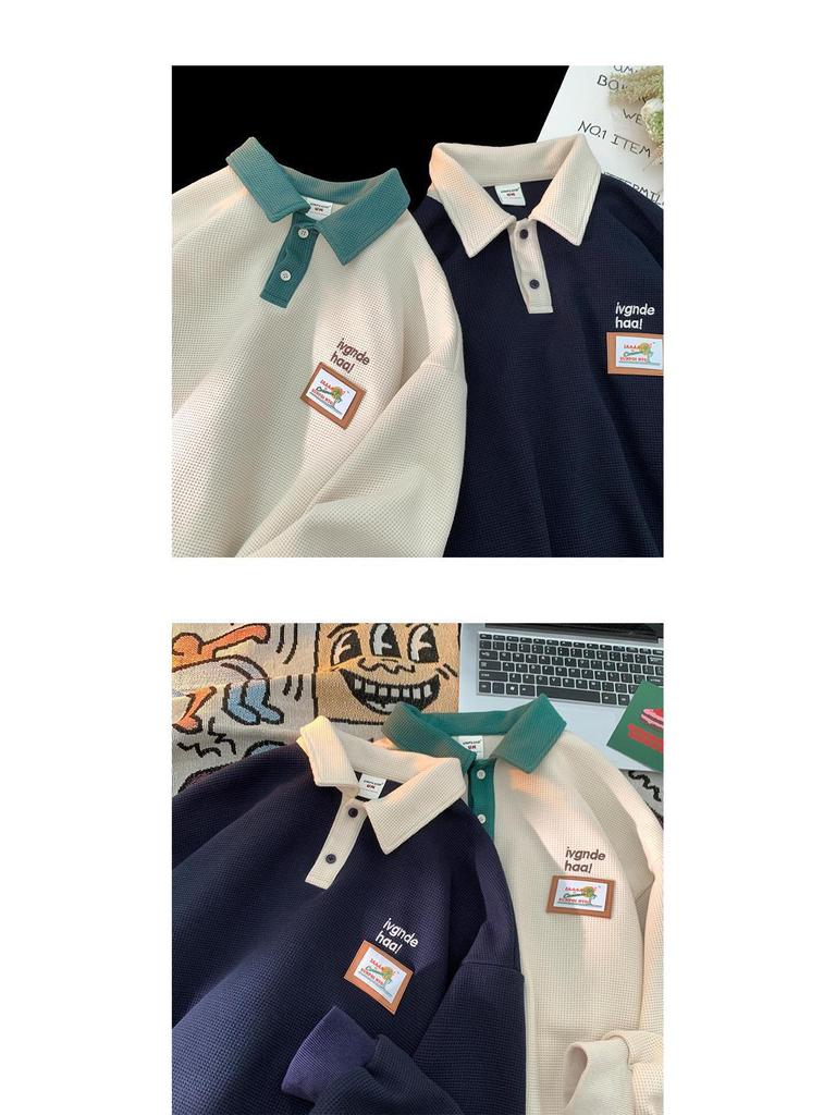 Męska koszulka polo wafelkowa w stylu vintage retro - luźny krój, kołnierzyk z klapami, na wiosnę/jesień, styl unisex