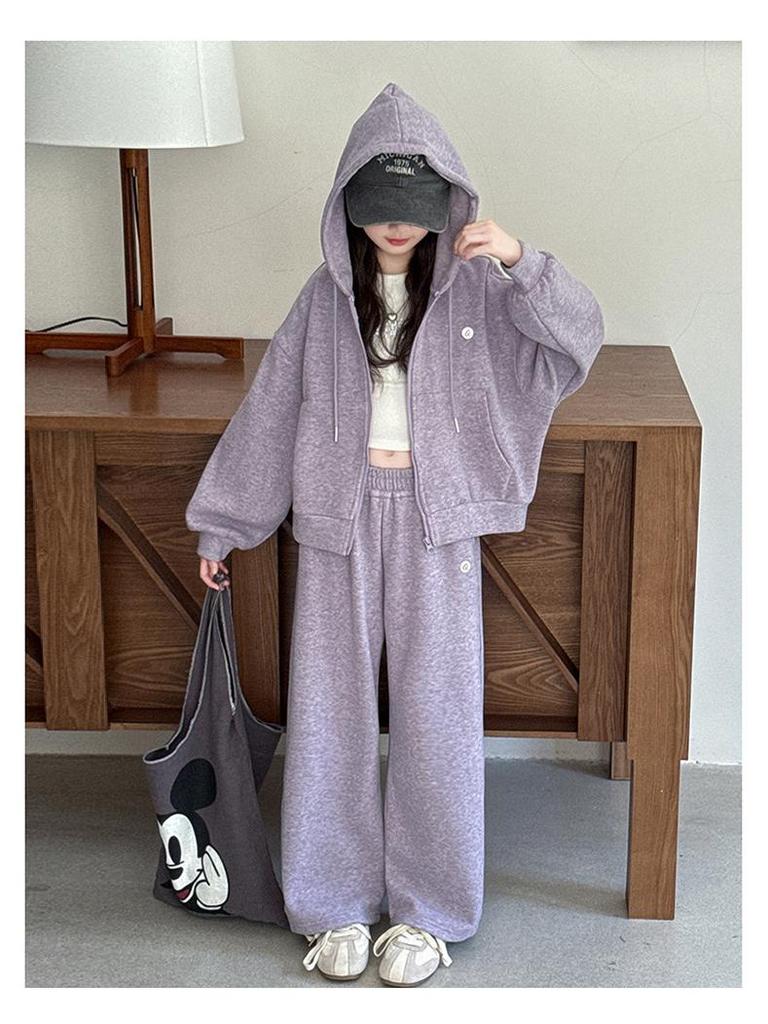 Jesień 2025 Moda Dziewczęca Sportowy Dwuczęściowy: Zestaw kurtki z kapturem i spodni z szerokimi nogawkami