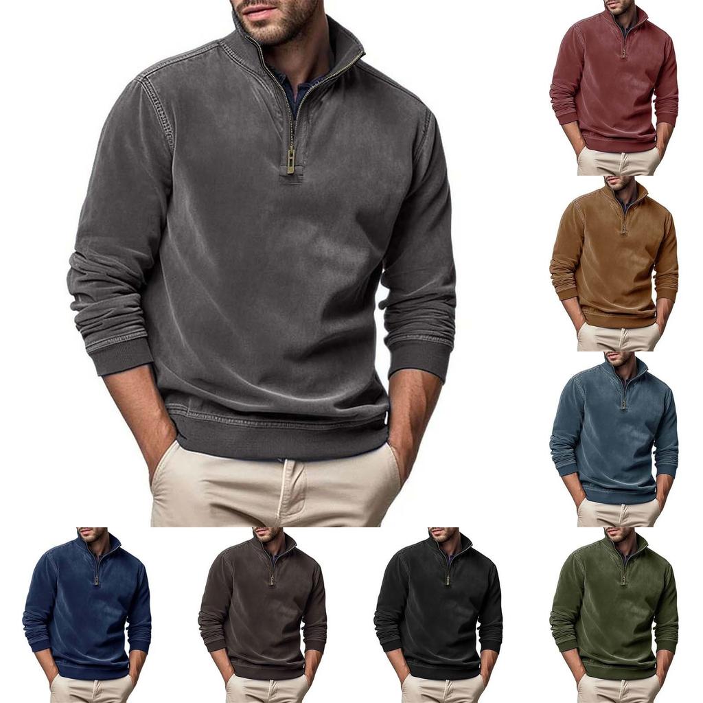 Men's Long Sleeved Zipper Stand Up Collar Sweatshirt Men's Collar Imitation Leather Thread Pullover Top