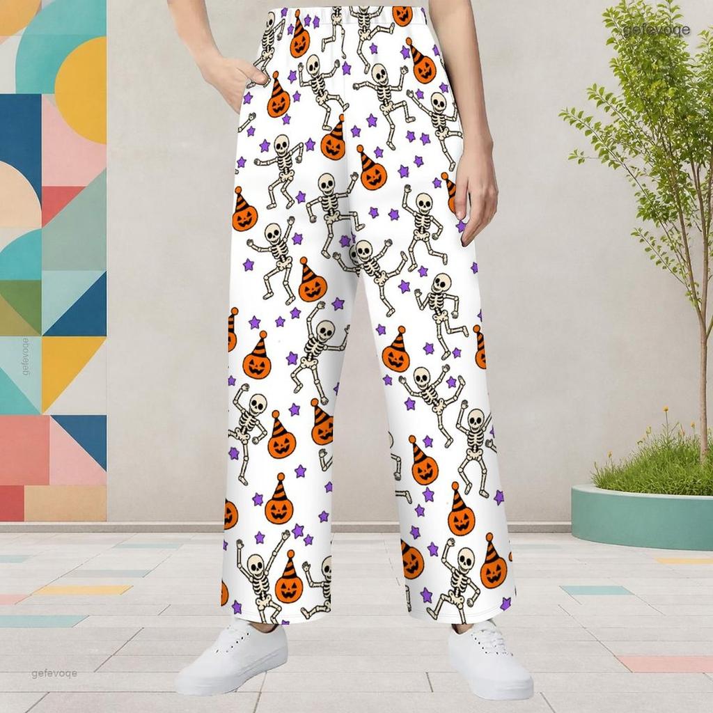 Girls White Halloween Cartoon Printed Wide Leg Long Pants