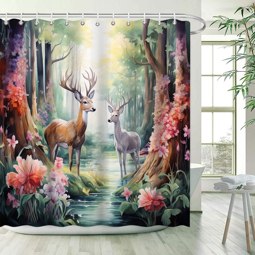 Forest Deer Shower Curtain Spring Farmhouse Animals Rustic Flowers Plants Leaves Green Tropics Rainforest Floral Landscapes