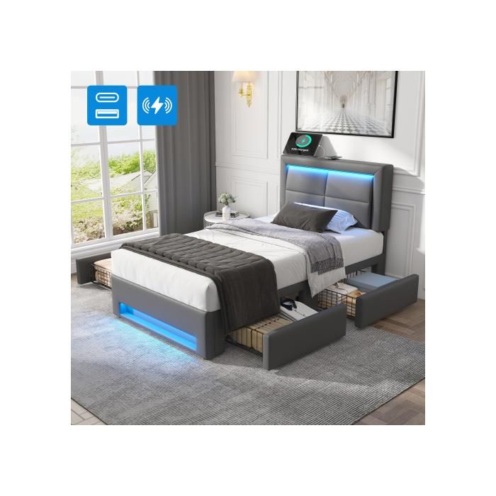 Gepolstertes Bett - MUVOE - 90x200 cm - mit USB-Anschluss - LED-Beleuchtung - 4 graue Schubladen