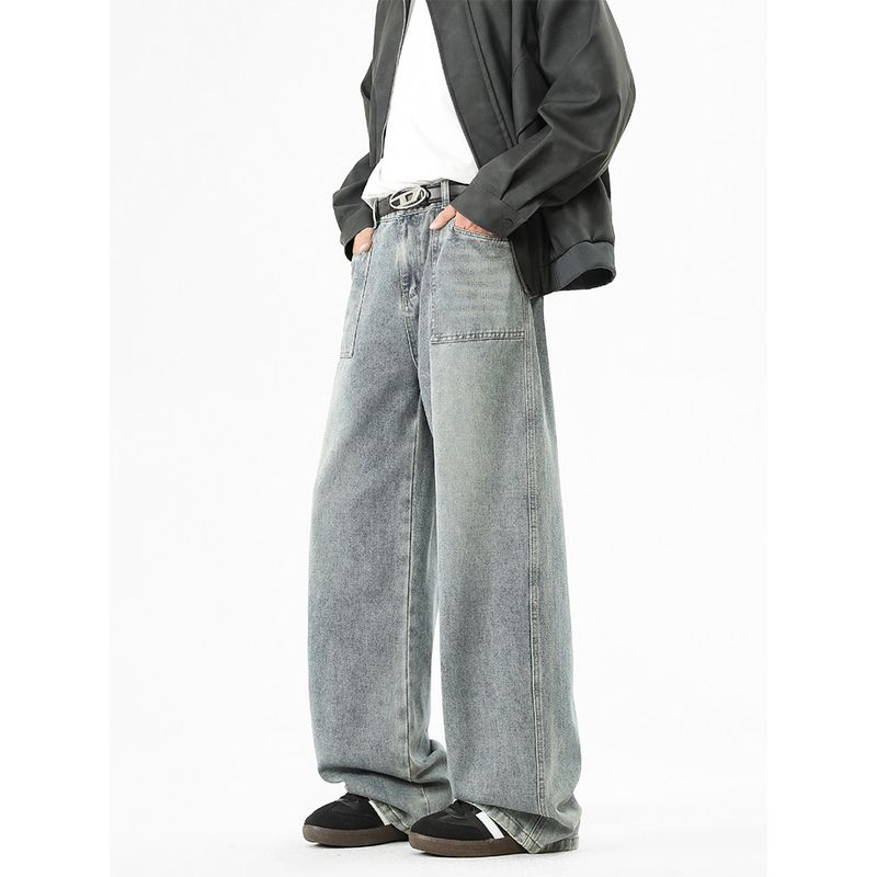 Wassup Retro Gradient Black Washed Jeans Men's Straight-Leg Cool Workwear Casual Trendy Wide-Leg Long Pants
