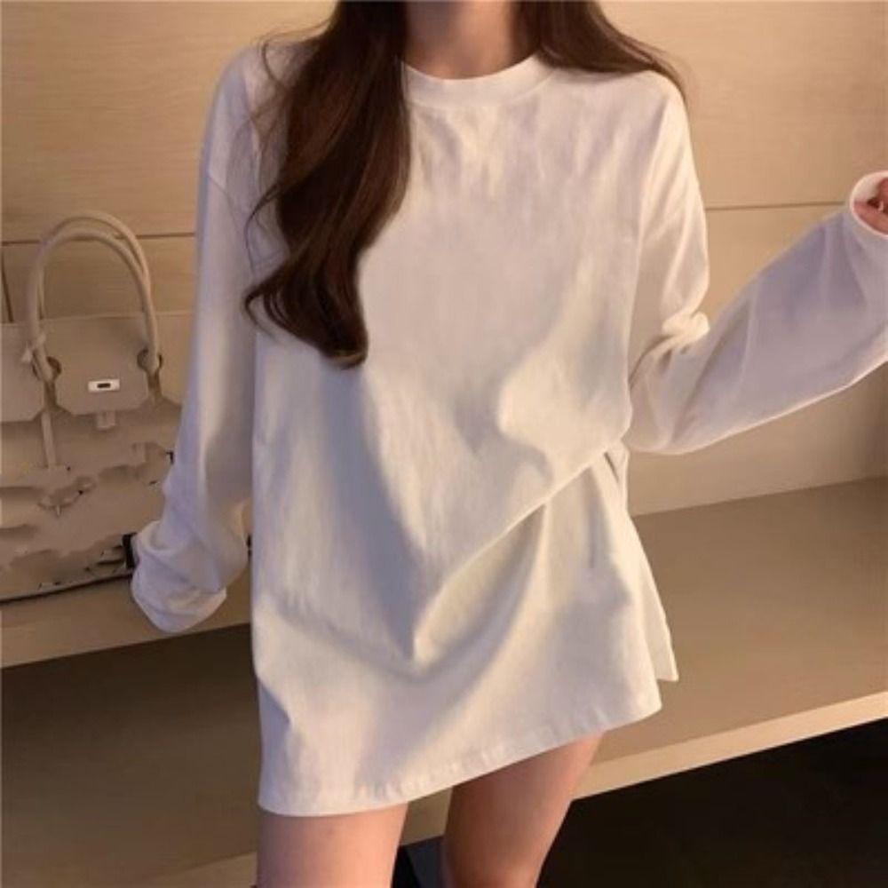 

Round Neck Women s Pure Color T-shirt White Long Sleeve Top Vintage Travel 2XL білий