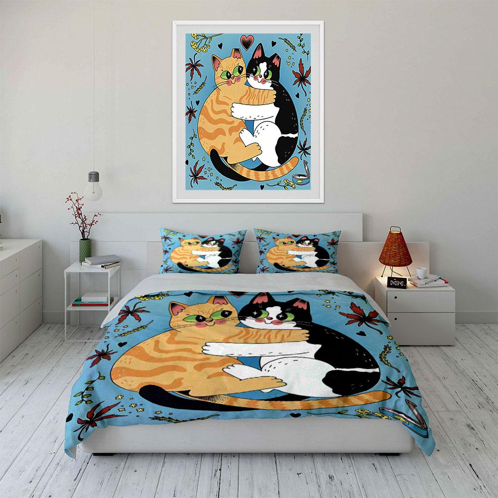 Cute Cats Hugging Floral Design Bedding Duvet Cover Set Duvet Cover Pillowcases (1*Duvet Cover 2*Pillowcases, Without Duvet Insert)