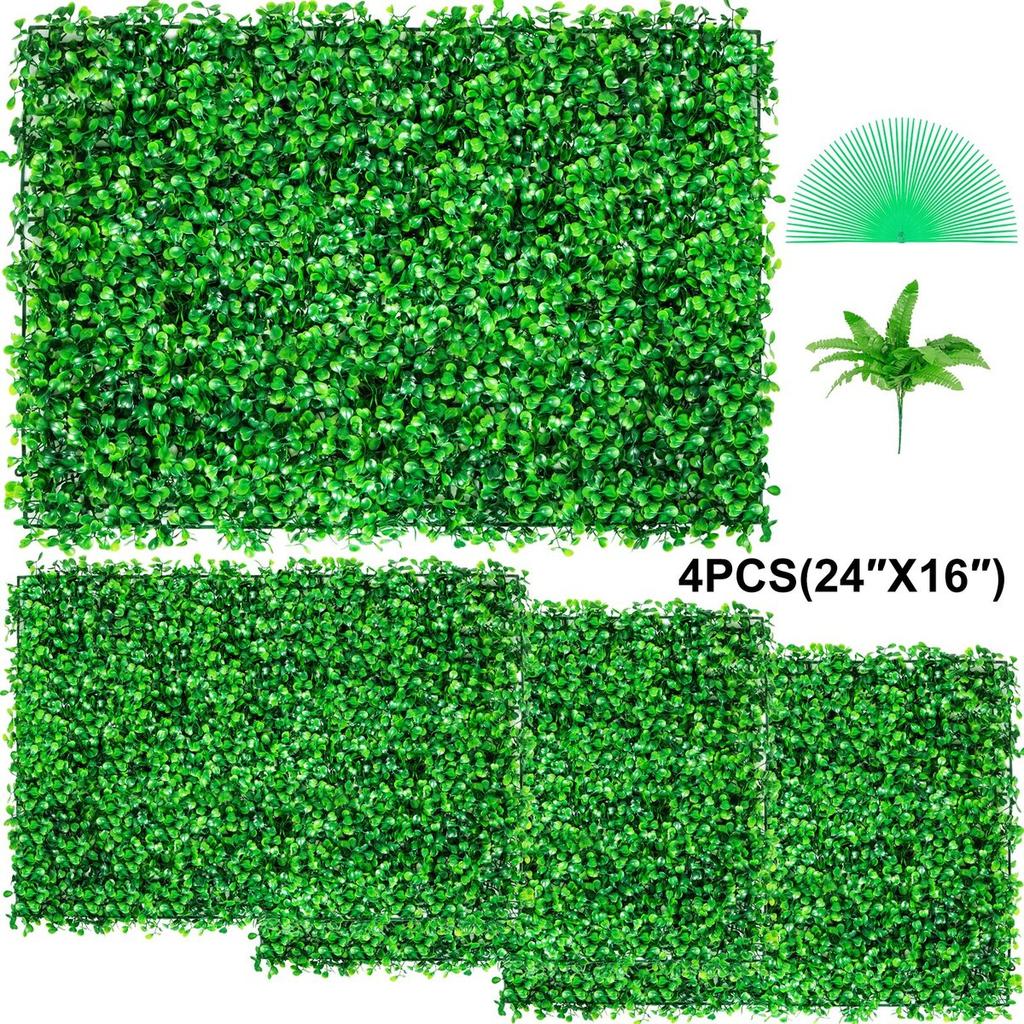 Artificial Boxwood Panel UV 4pcs Boxwood Hedge Wall Panels Artificial Grass Backdrop Wall 24X16" 4 cm Green Grass Wall Fake Hedge for Decor Privacy