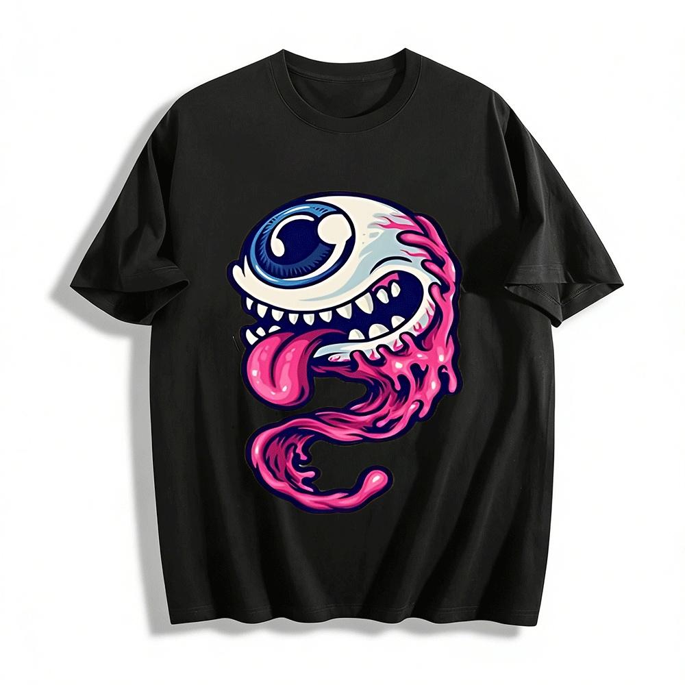 

Goofy One-Eyed Monster Tongue Print Trendy Casual Tee Pure cotton T-shirt XXS